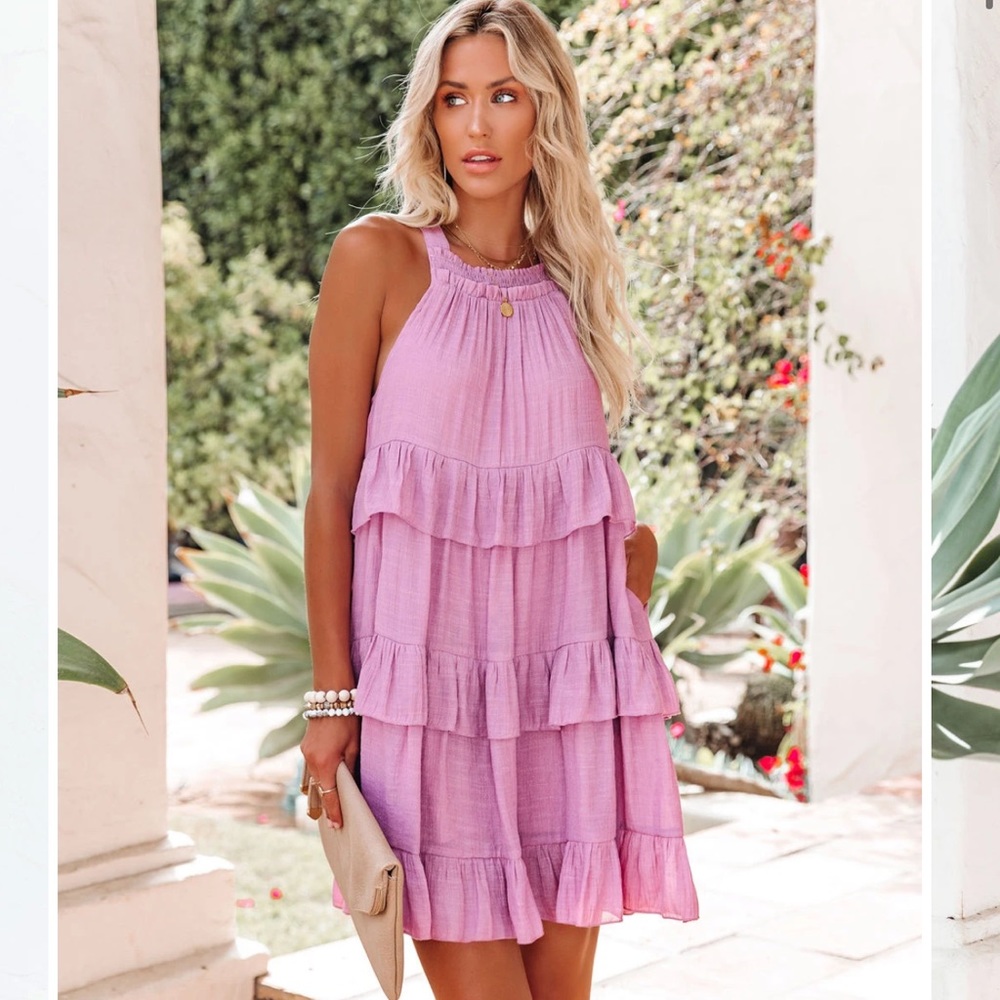 Vici Baise Pocketed Tiered Mini Dress-Dusty Orchid